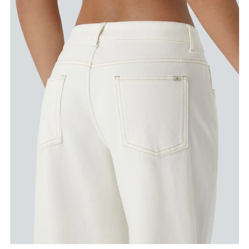 Halara off white asymmetrical low rise waist soft denim wide leg jeans, new - Picture 4 of 9